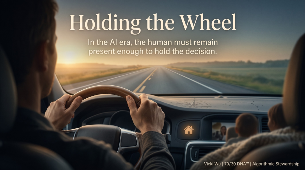 View from inside a vehicle with hands holding the steering wheel on an open road, representing active human decision authority.