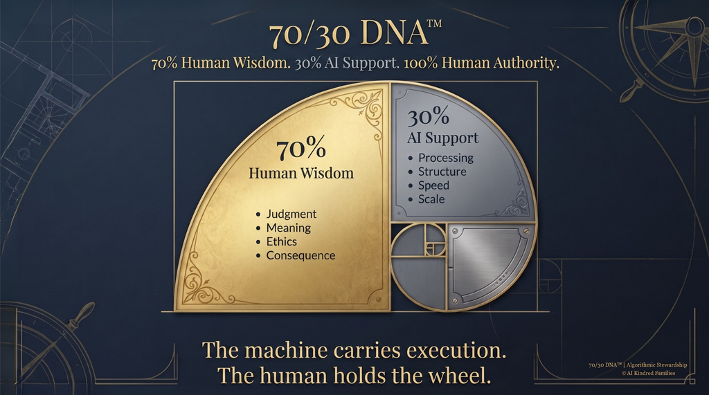 70/30 DNA diagram showing 70% Human Wisdom, 30% AI Support and 100% Human Authority.