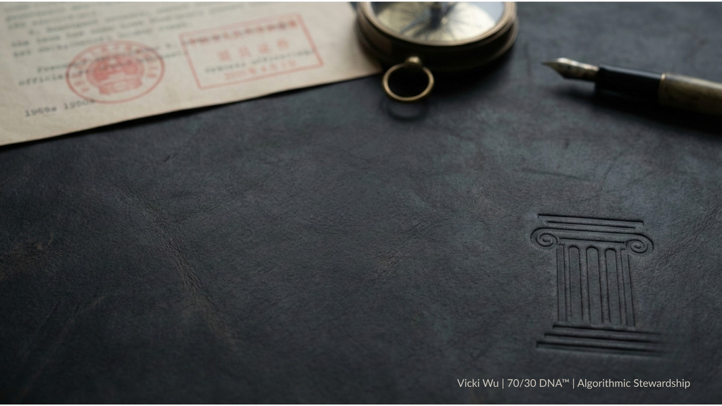 Dark executive desk with an embossed classical column, compass, fountain pen and historical document.